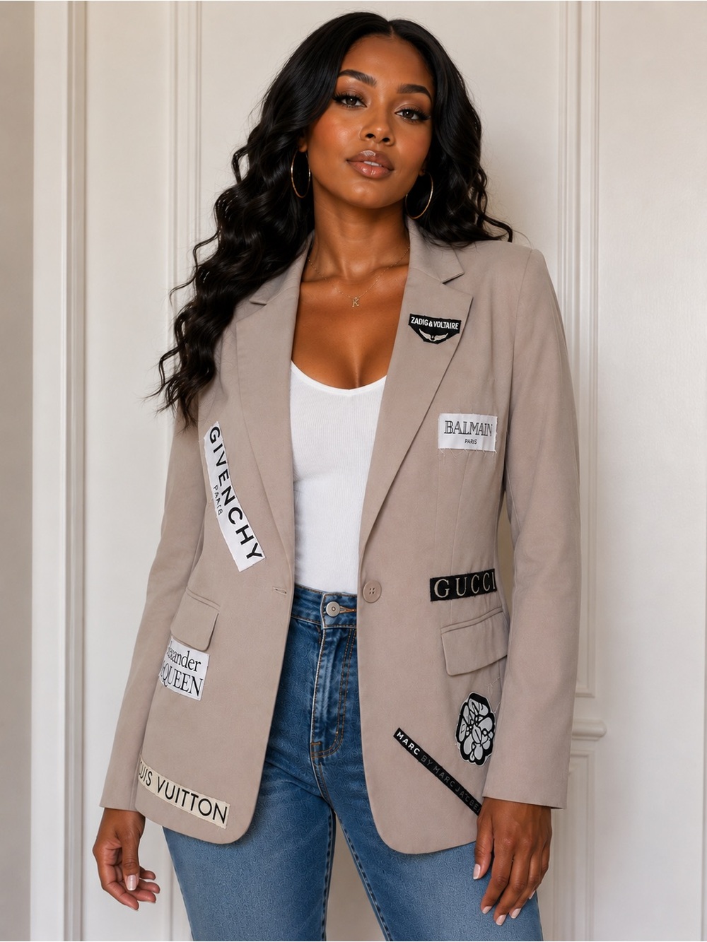 Upcycled Designer Patchwork inspired Beige Blazer Jacket - Multi-Brand size S